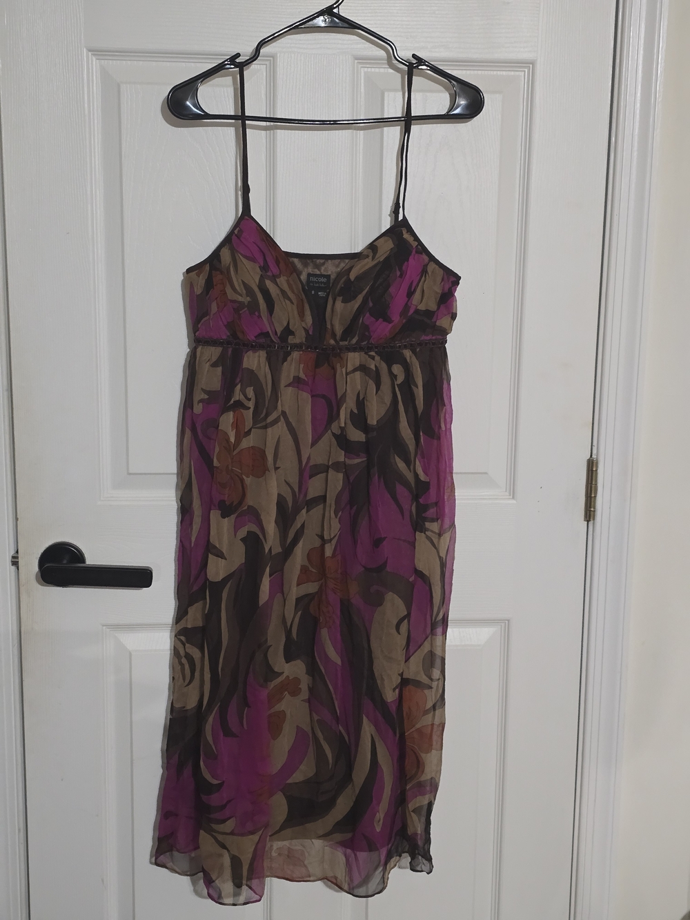 Nicole Miller Magenta and Brown Floral Midi Dress with Spaghetti Straps
